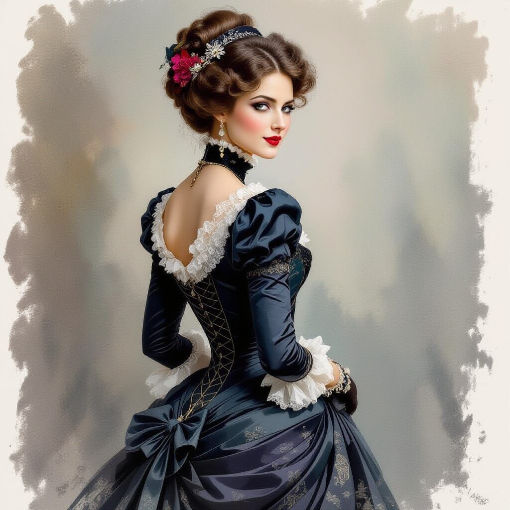 Edwardian Woman in Gouache and Watercolor Style