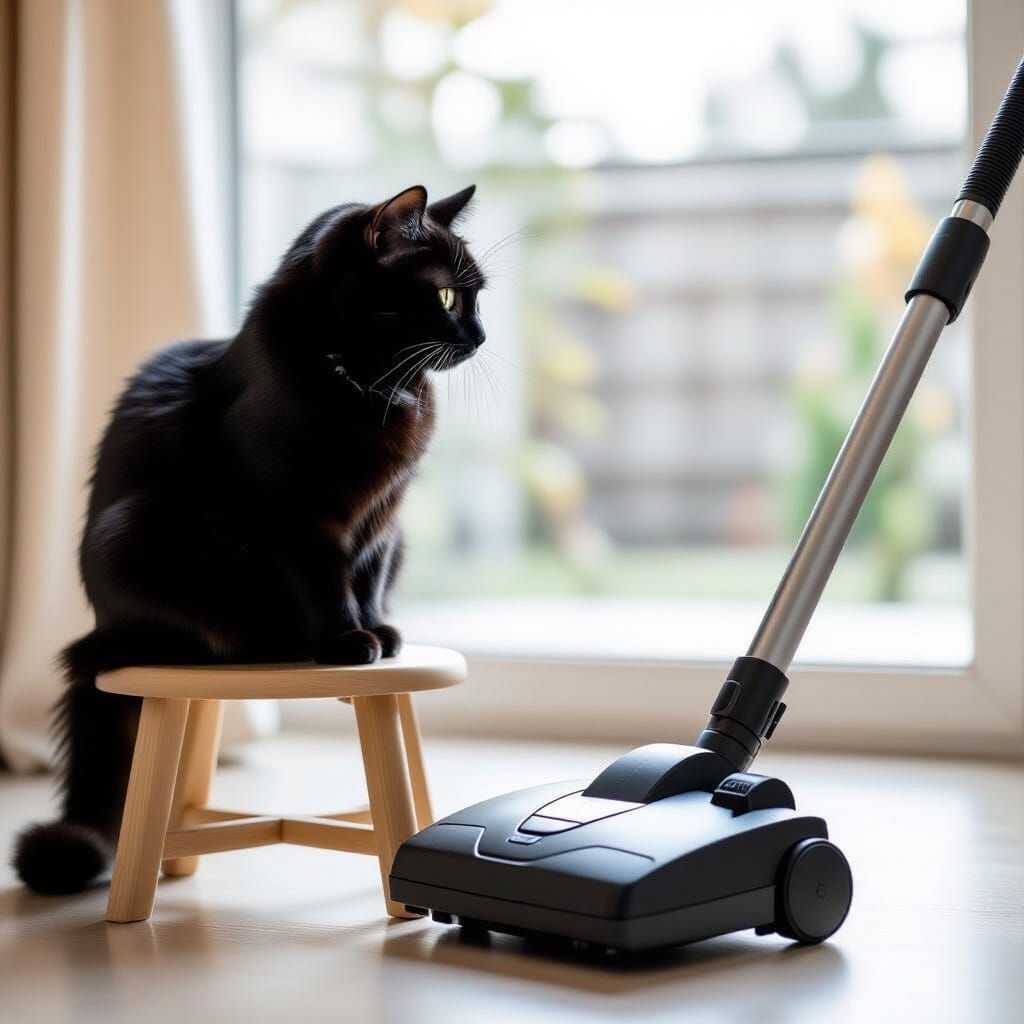 Black Cat Stares Down Vacuum Cleaner in Bokeh Photography