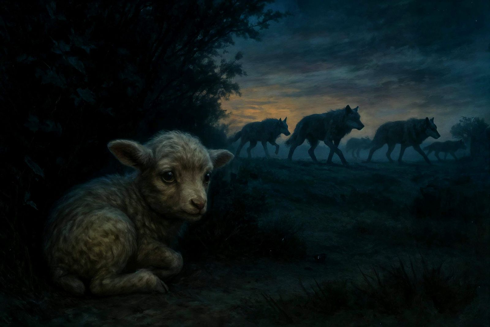 Vulnerable Lamb Hides from Wolves at Twilight