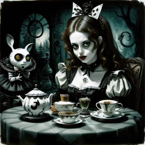 Eerie Alice in Wonderland Tea Party: Grimdark Alcohol Ink