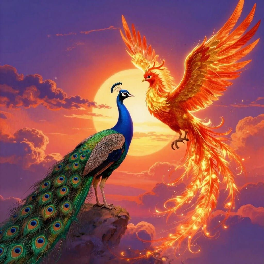 Majestic Peacock Phoenix Sunset in Painterly Style