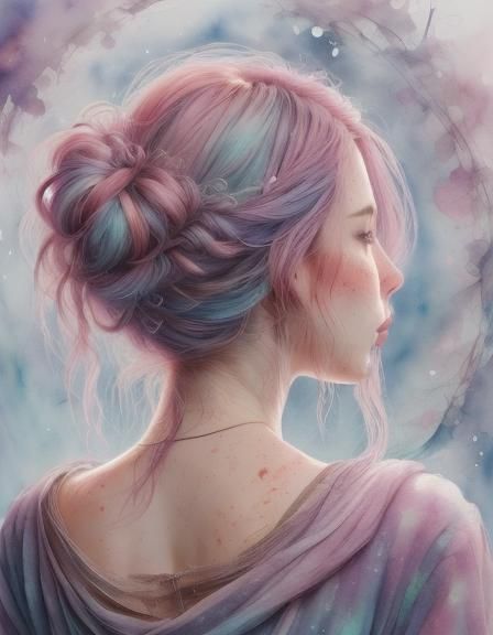 Watercolor Portrait from Behind in Pastel Colors