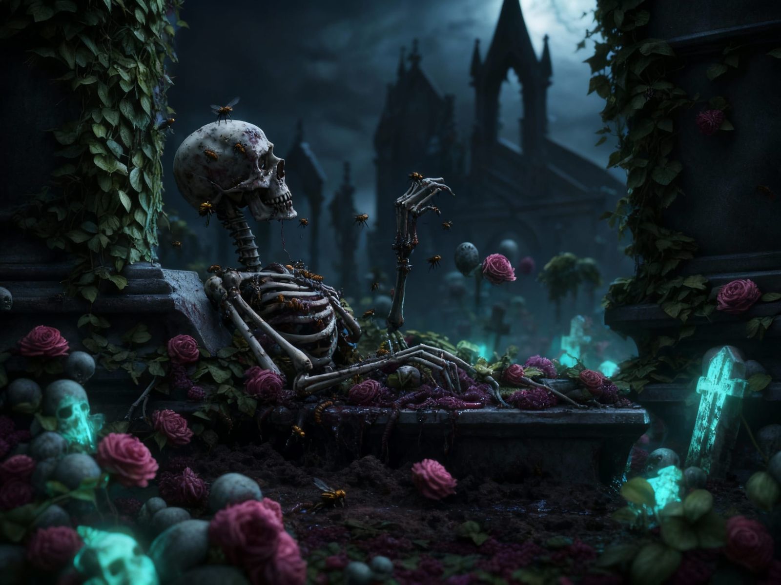 Creepy Zombie Skeleton Rises From Gothic Grave