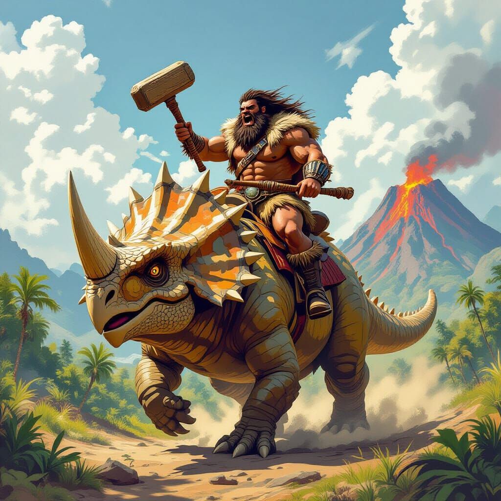 Caveman Rides Triceratops in Jurassic Rodeo