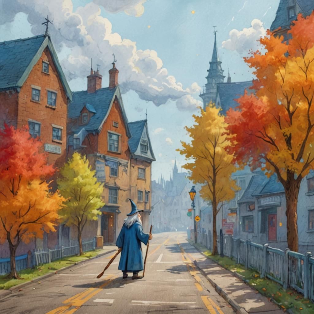 Wizard Observes No Flying Sign, Whimsical Illustration