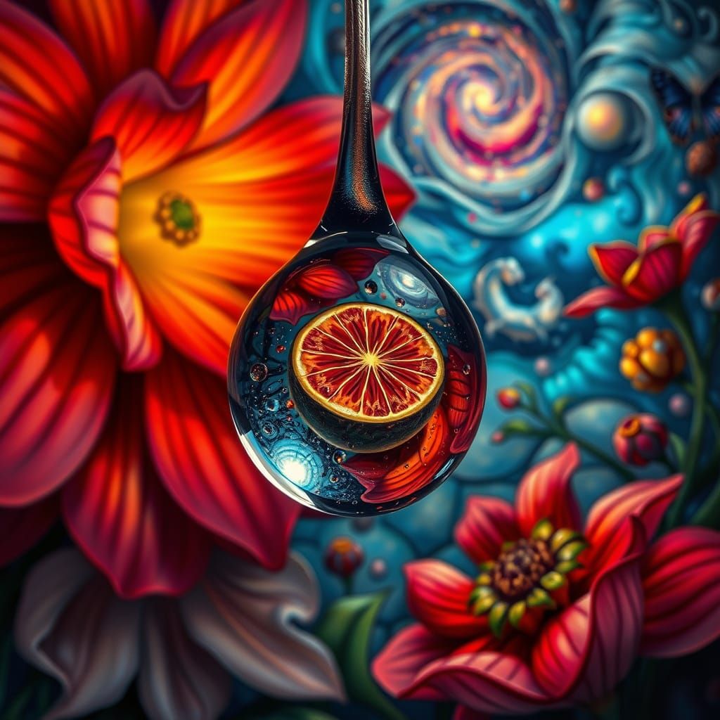 Cosmic Fruit Reflected in Dewdrop: A Psychedelic Still Life