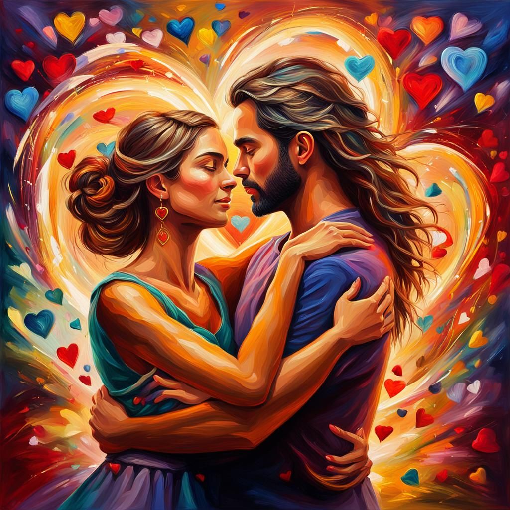 Embracing Couple in Vibrant Impressionist Oil Painting