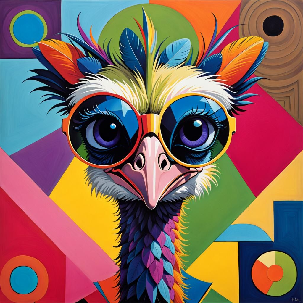 Cubist Ostrich with Sunglasses in Picasso Style