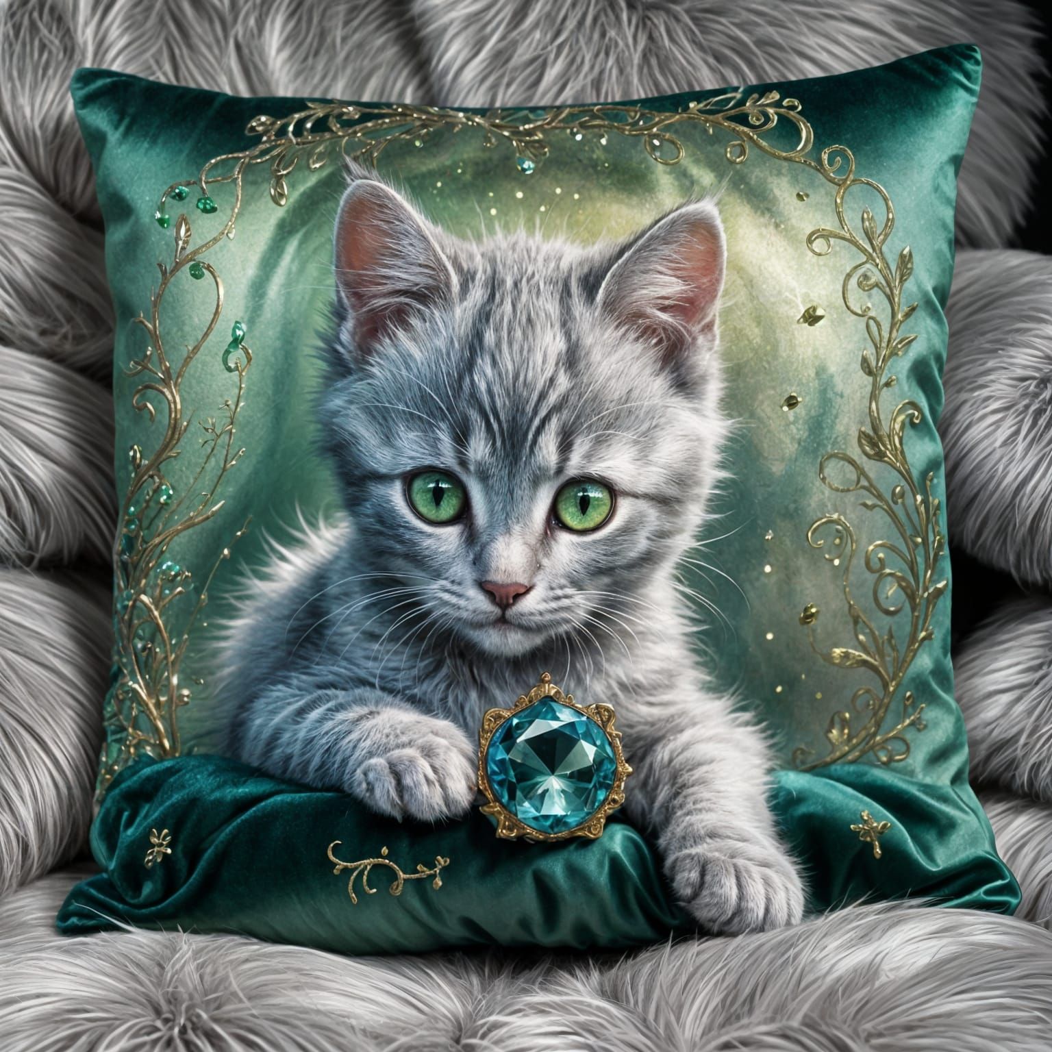Solid Silver Kitten with Green Eyes: Fantasy Art