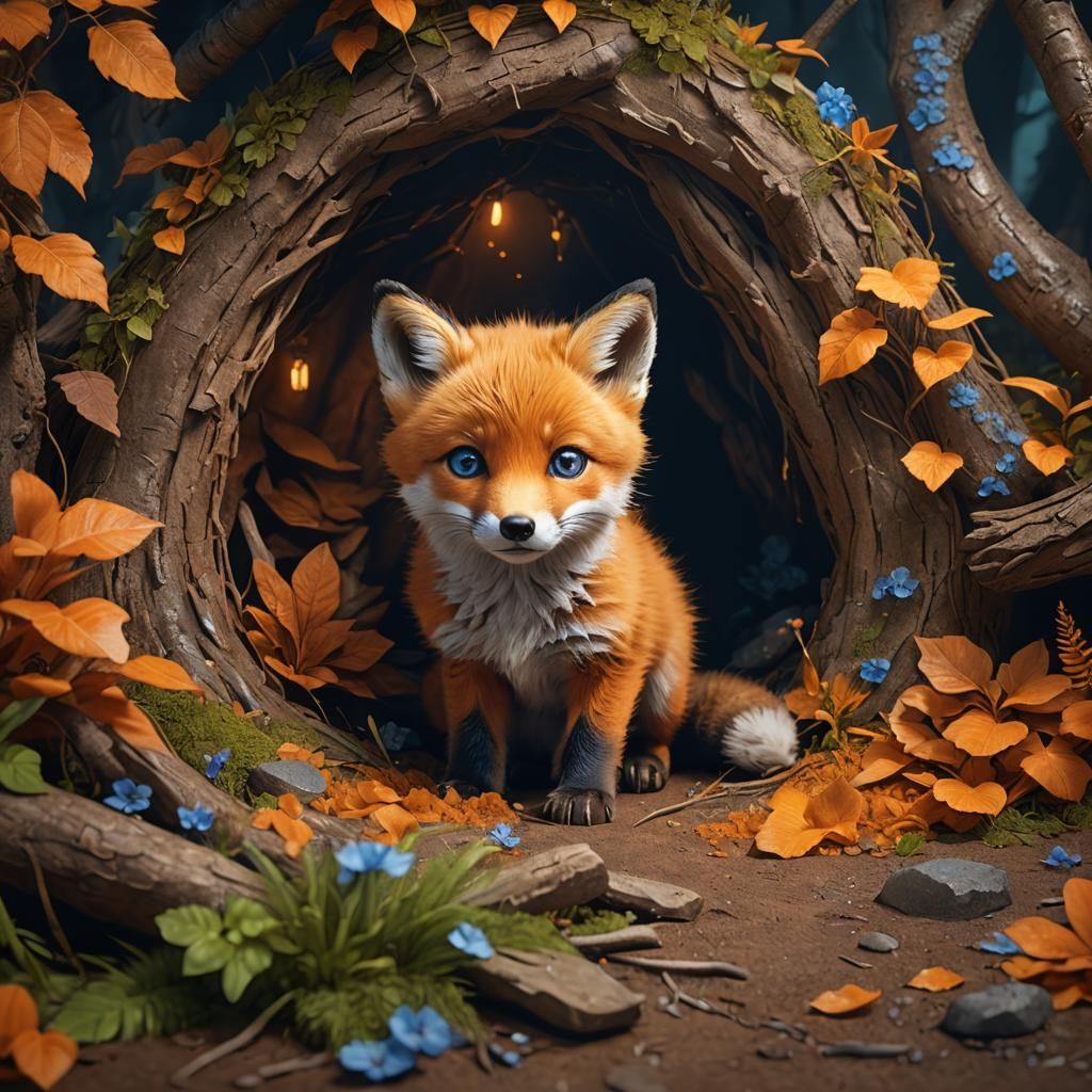 Adorable Baby Fox with Big Blue Eyes