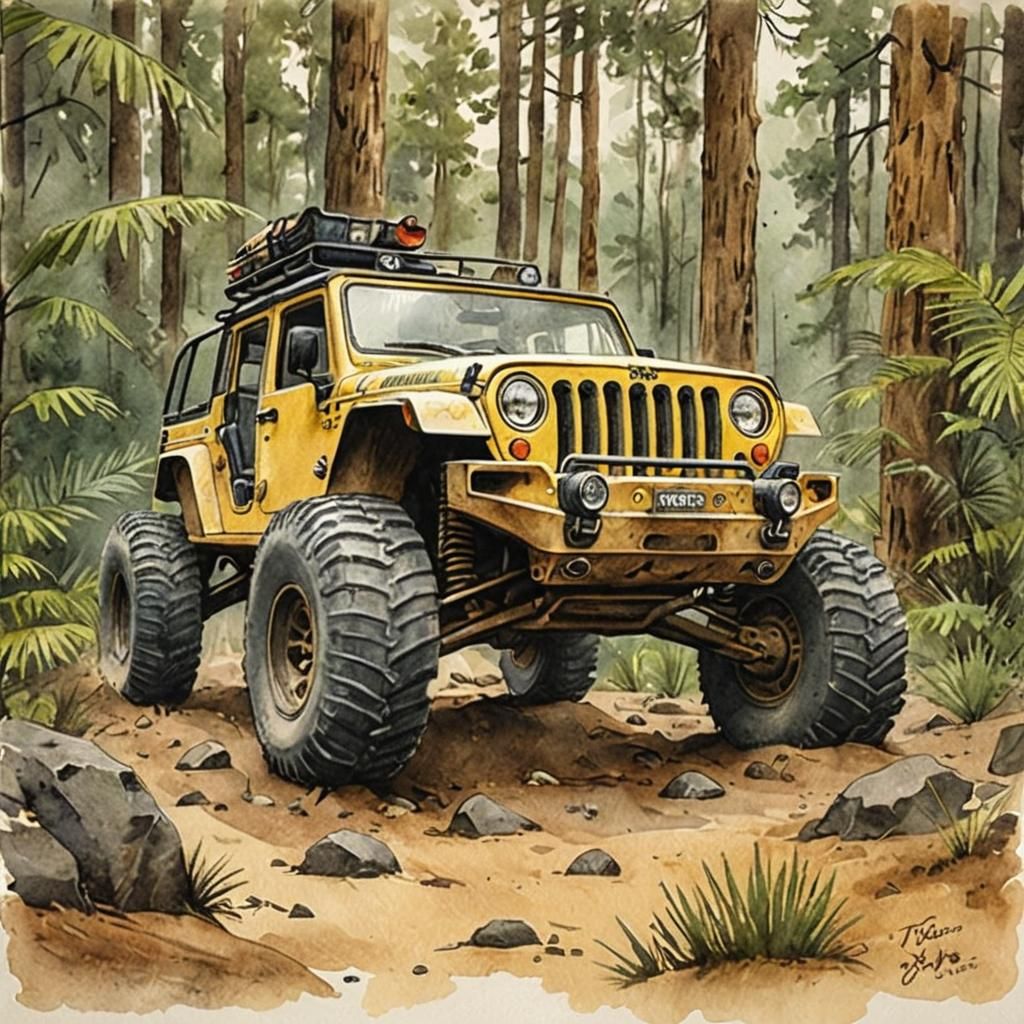 Baja Jeep in Jurassic Forest Watercolor Sketch