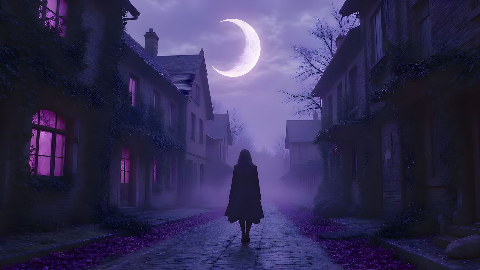 Eerie Village Street with Purple Vines in Moonlight