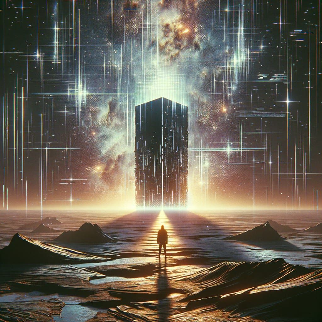 Silhouette at Monolith: Glitchcore Extraterrestrial Scene