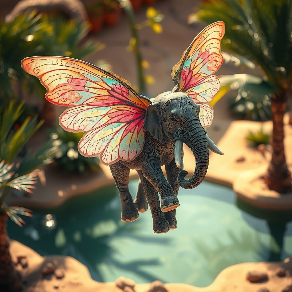 Ethereal Elephant Fairy Floating Over Desert Oasis