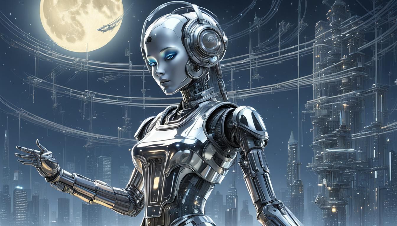 Android Robot Dances in Moonlight, Sorayama Style
