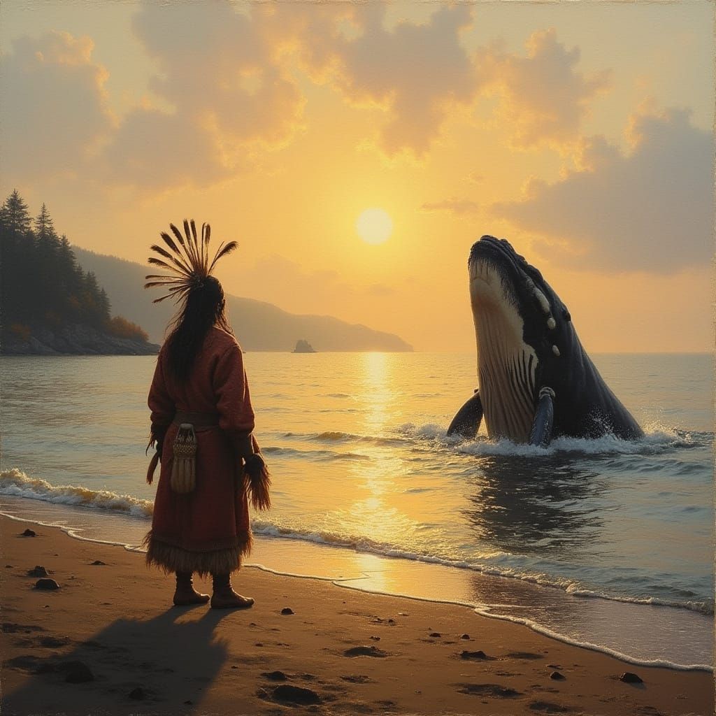 Native Observes Whale at Sunset in Classical Style