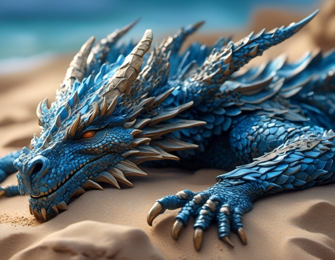 Sleeping Blue Dragon on Cliff in Hyperreal Photo