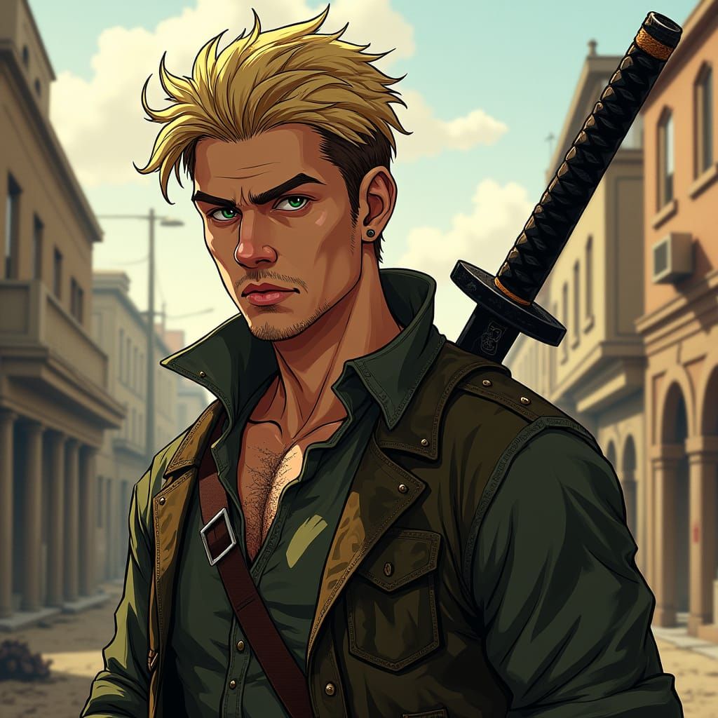 Post-Apocalyptic Swordsman in Dark Fantasy Anime Style