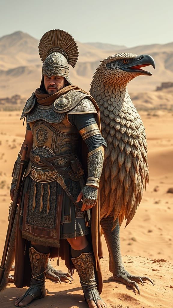 Assyrian Warrior and Mythical Beast in Desert Landscape