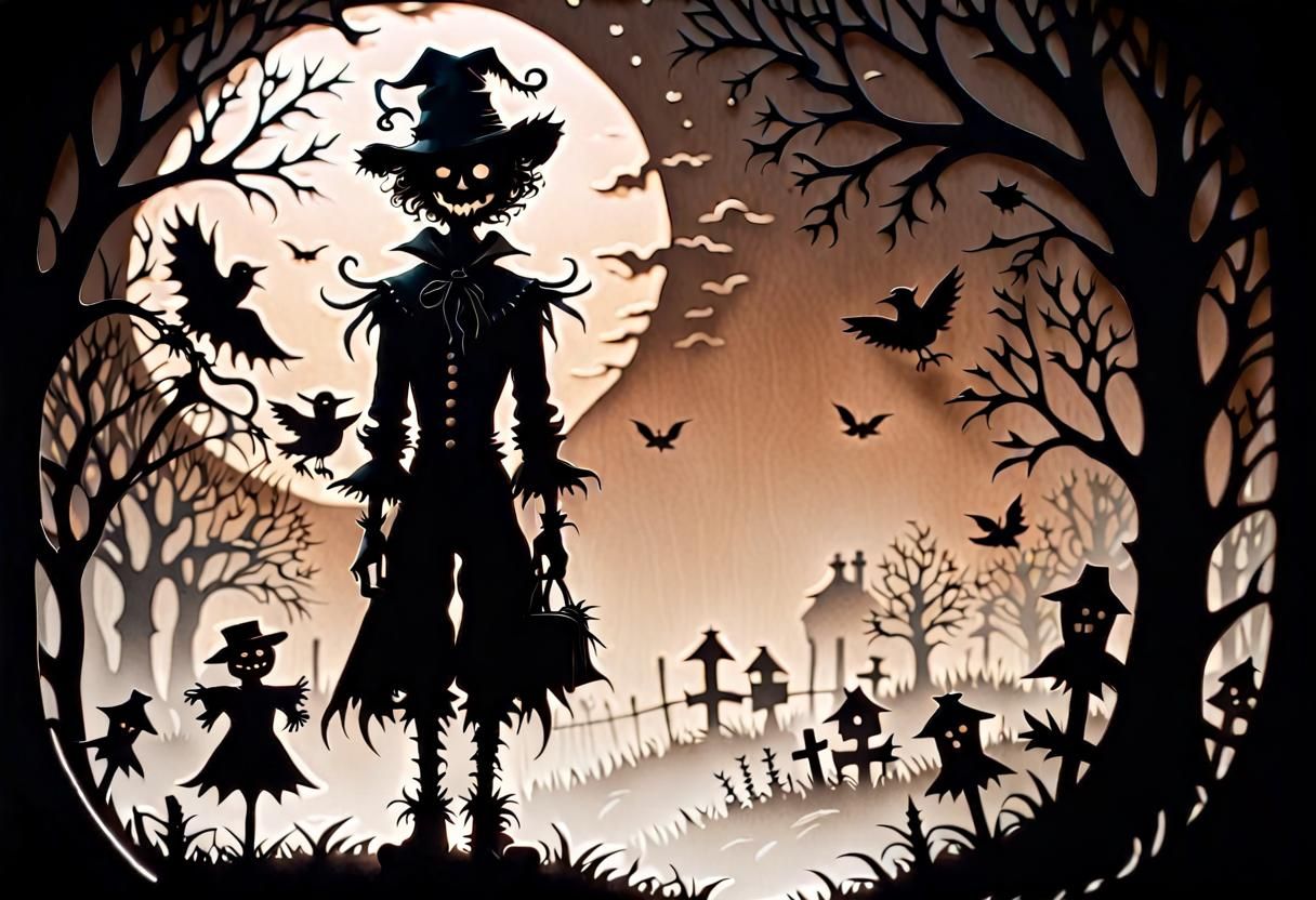 Lonely Scarecrow Man in Tim Burton Silhouette