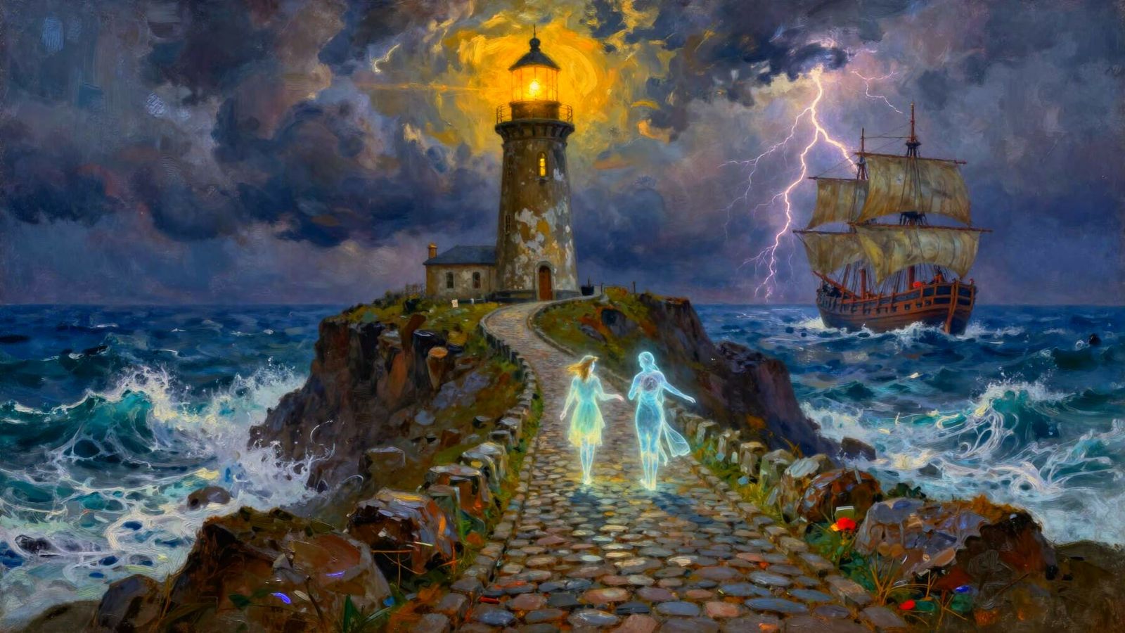 Dramatic Coastal Storm Oil Painting with Ghostly Figures