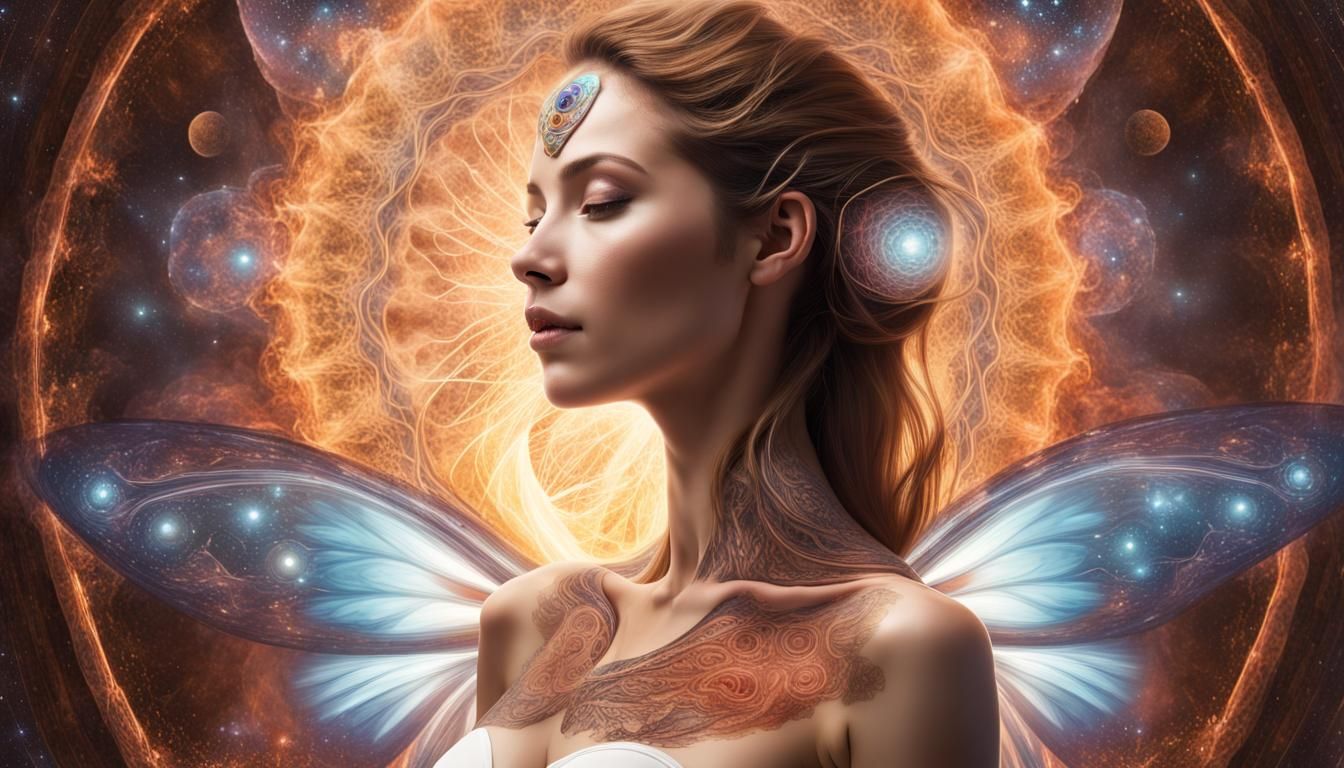 Glowing Angel with Butterfly Wings and Sacred Geometry
