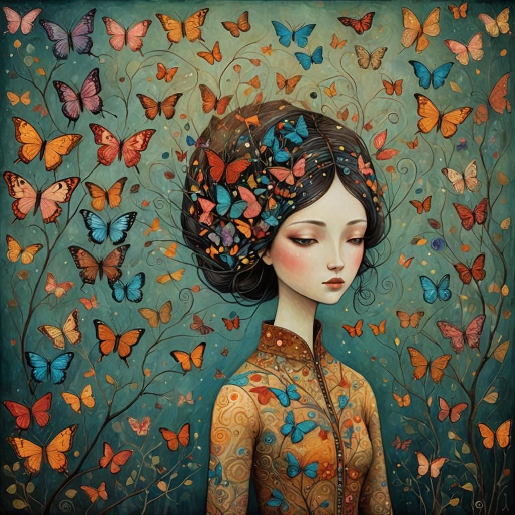 Dreamlike Woman-Butterfly in Art Brut Style
