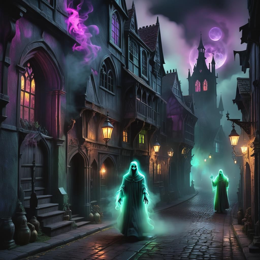 Haunted Gothic Street Scene with Glowing Ghosts