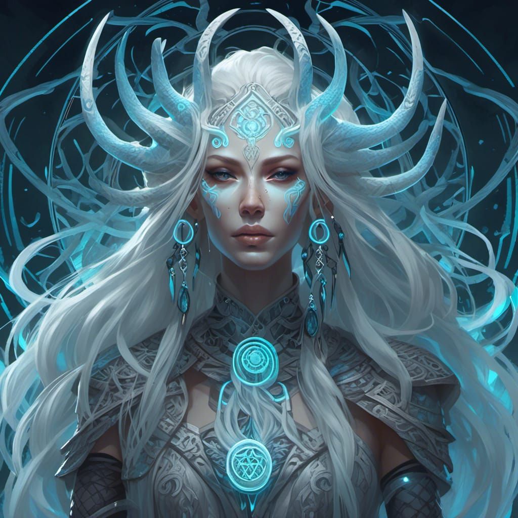 Mysterious Woman with Bioluminescent Runic Tattoos