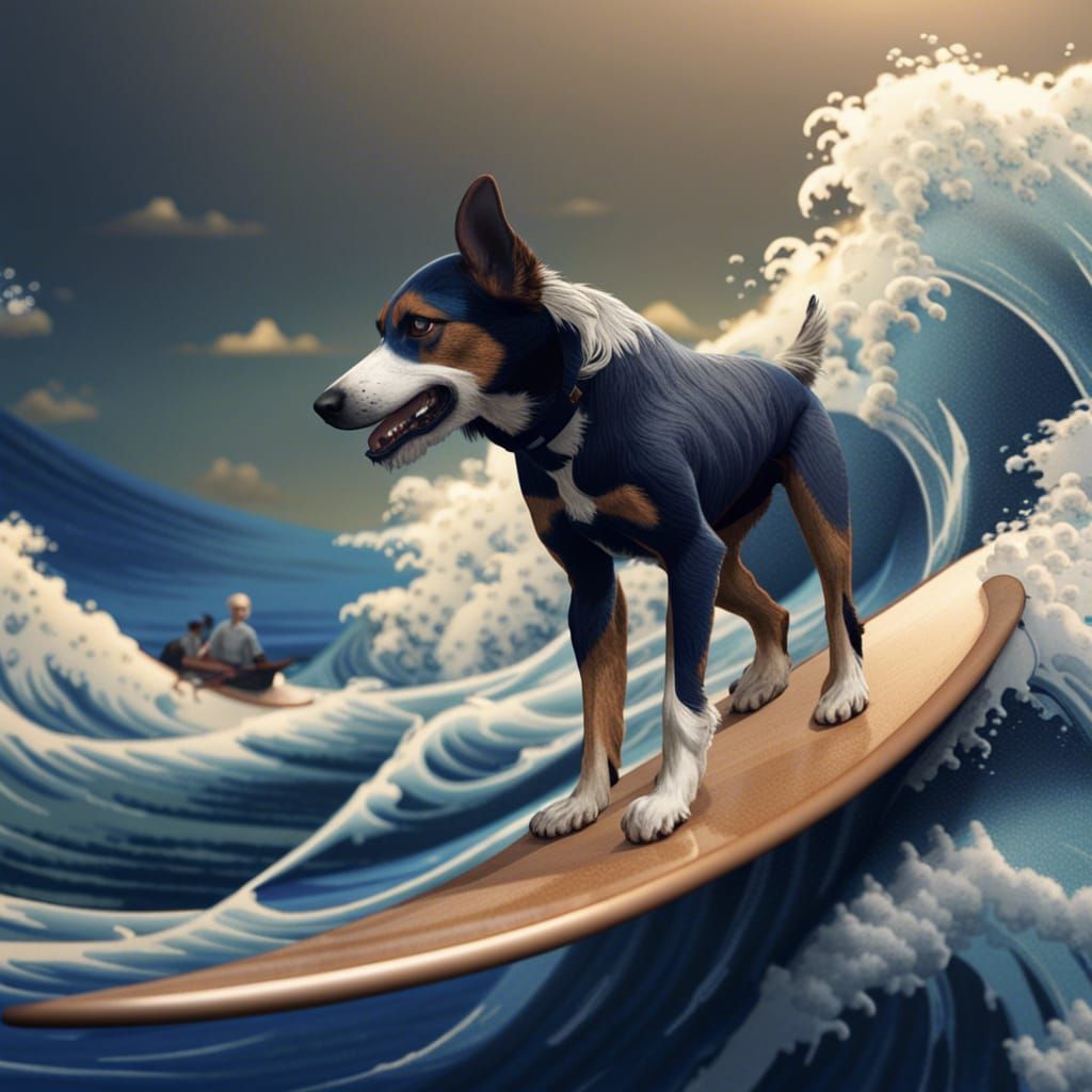 Dog Surfing Hokusai Wave: Detailed Fantasy Art