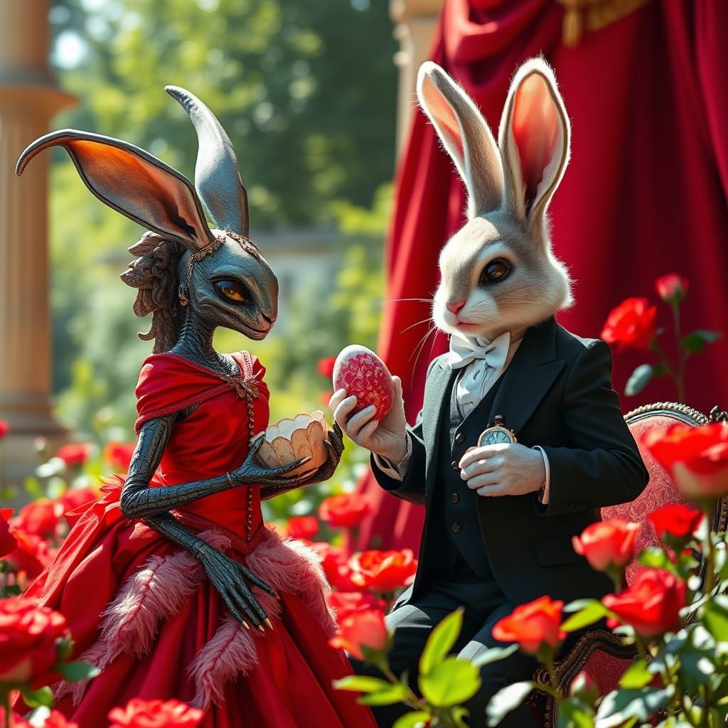 Alien Queen Meets Easter Bunny in Red Rose Garden