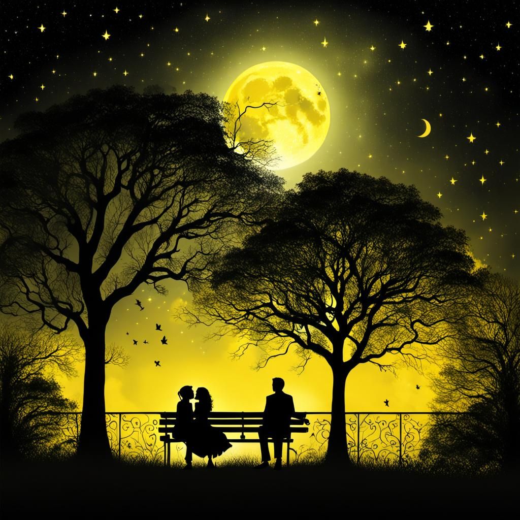 Romantic Silhouette of Lovers Under Moonlight