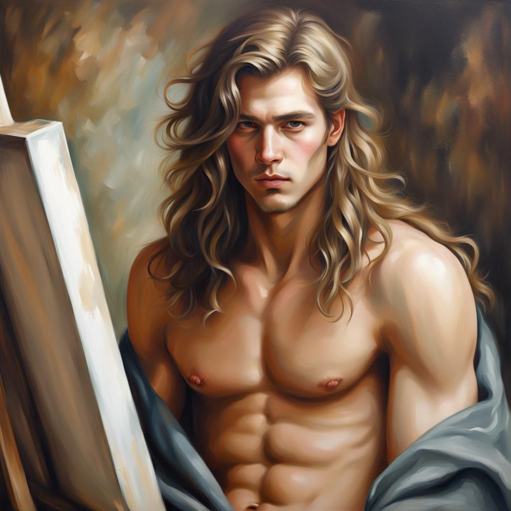 Most beautiful long hair shirtless boy painting