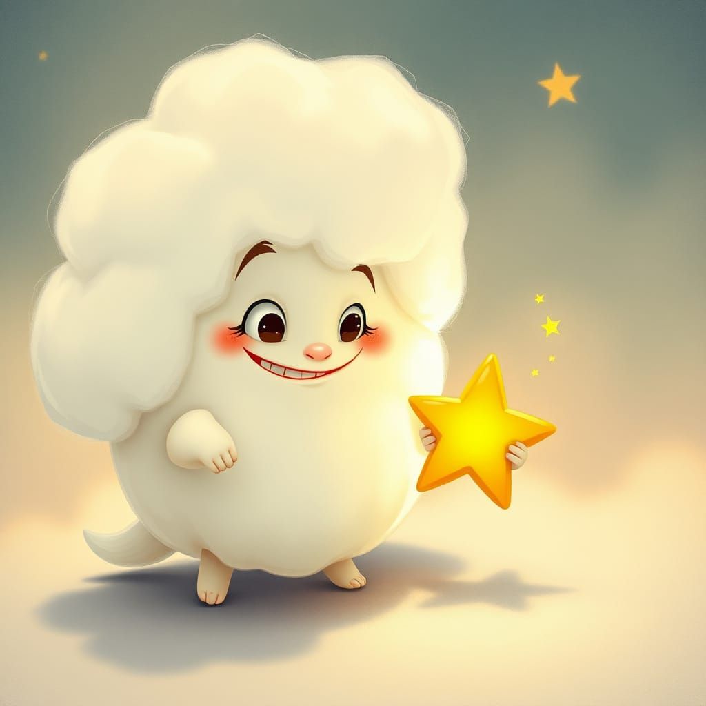 Whimsical Cloud Creature and Timid Star Interaction