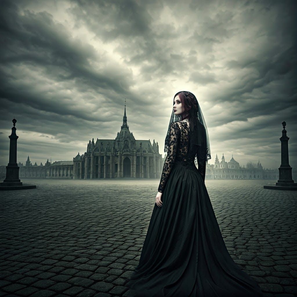 Mysterious Woman in Gothic Cityscape: Moody Noir