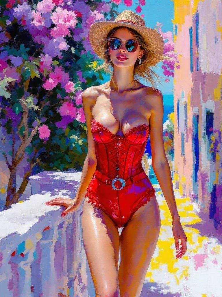 Sensual Woman in Red Corset Under Mediterranean Sun