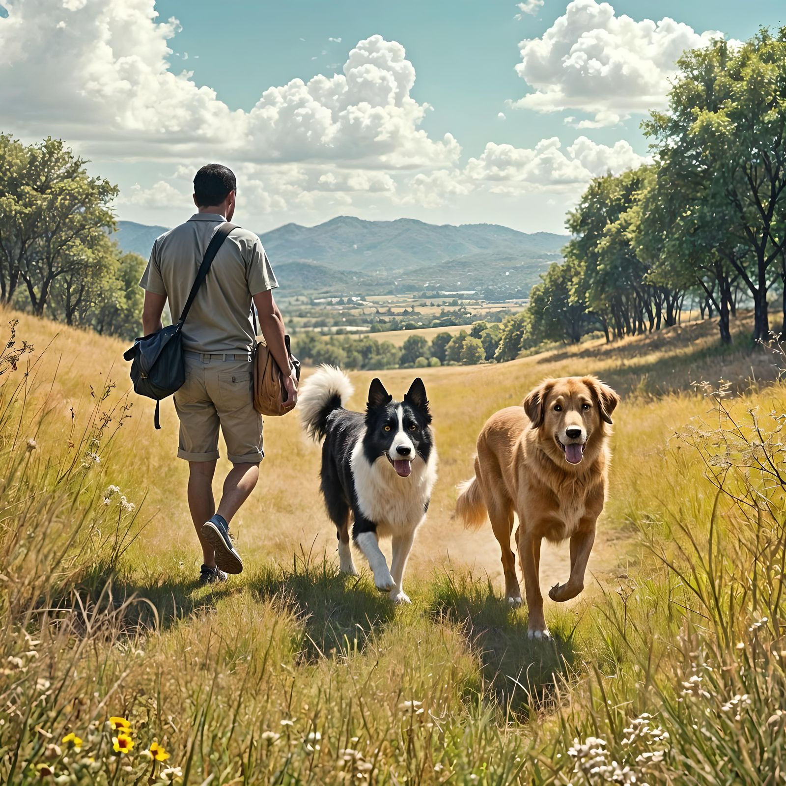 Dogs and Owner Walking in Bucolic Landscape