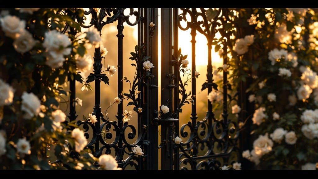 Ethereal Victorian Gates Adorned with White Roses in Golden ...