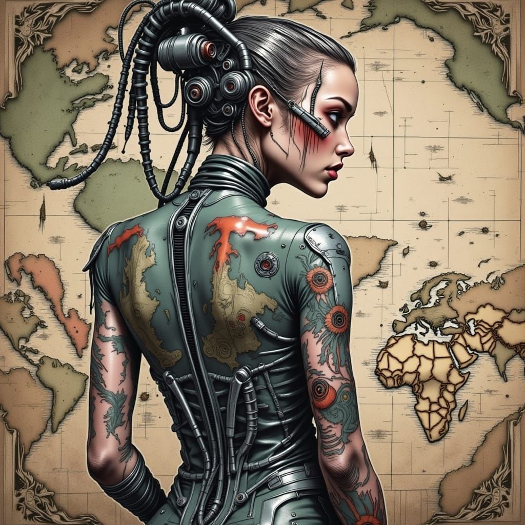 Cyborg Woman with Map Dress in Giger Style