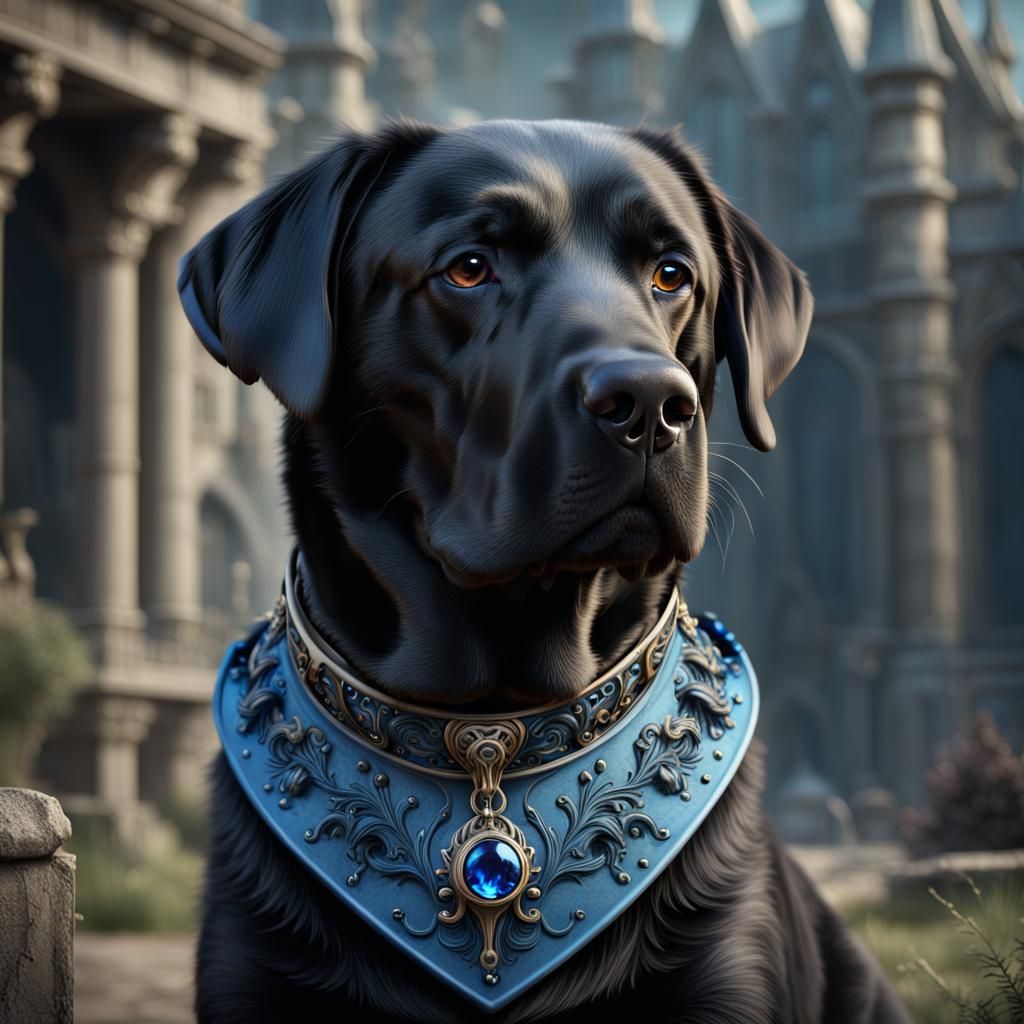 Black Labrador with Blue Collar, Detailed Digital Painting