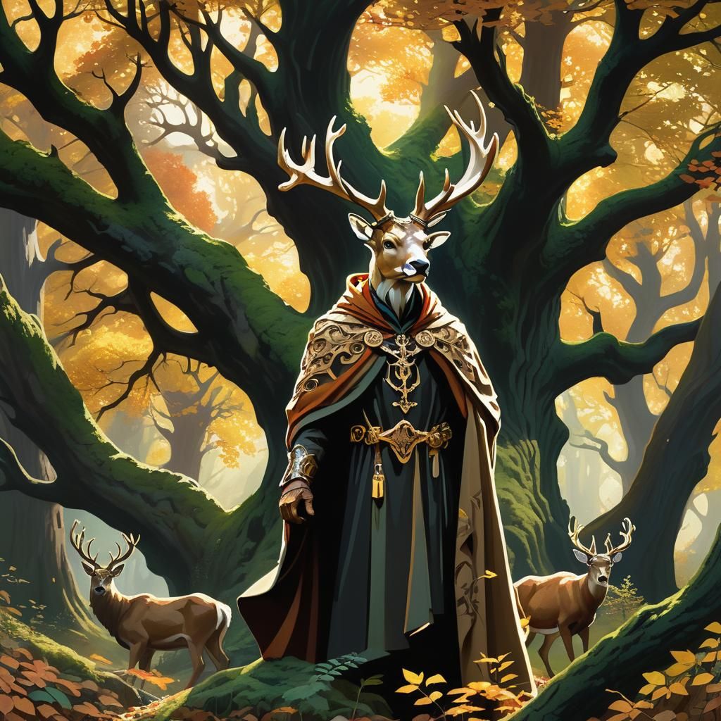 Horned Forest Figure in Mythic Realism Style