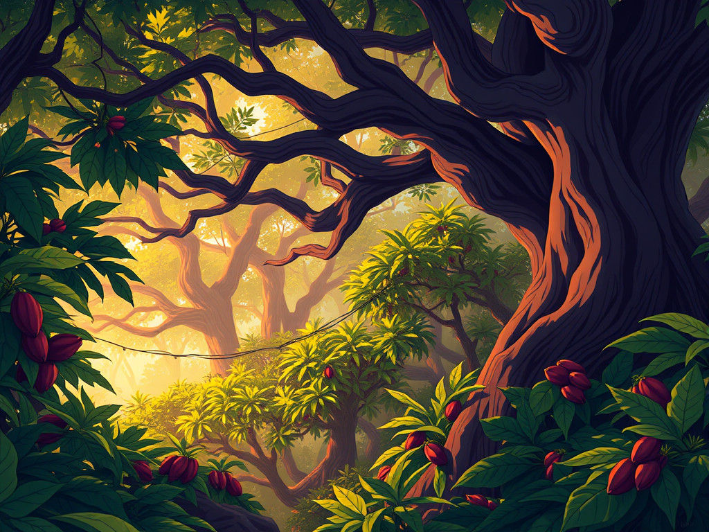 Lush Cacao Grove in Studio Trigger Anime Style