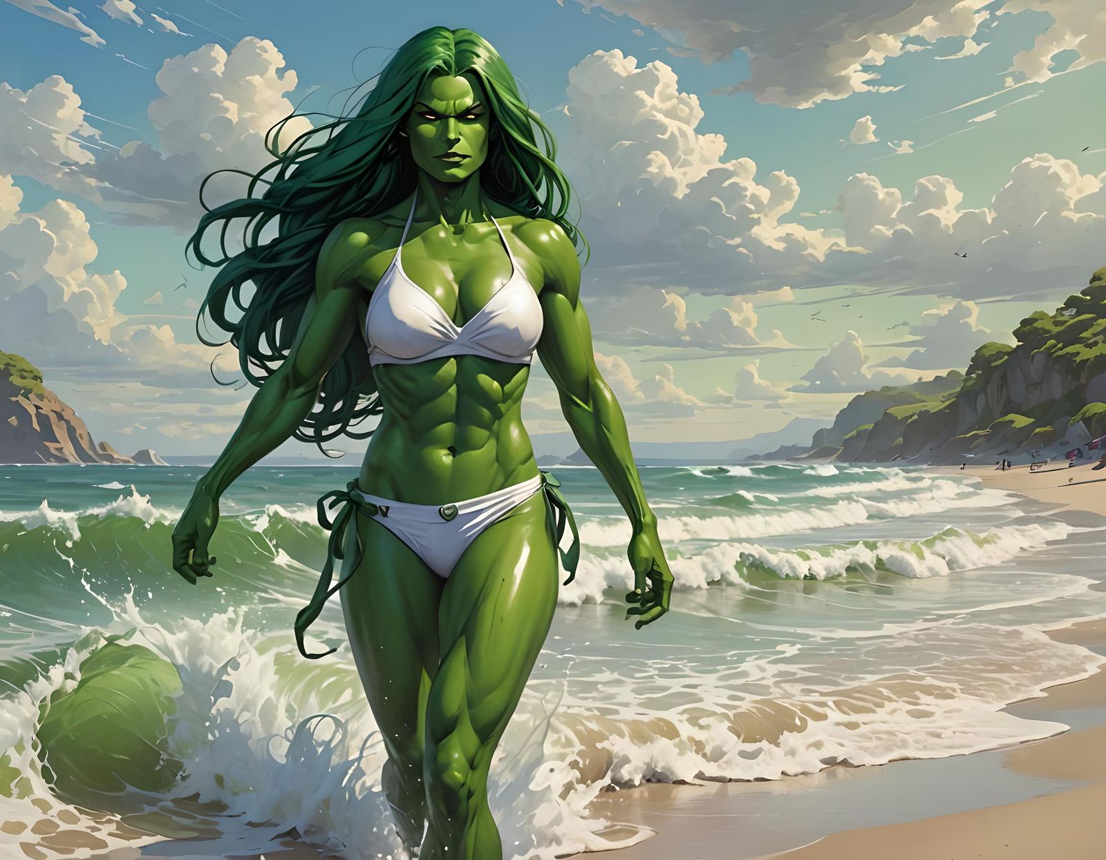 She Hulk on the Beach in Fantasy Art Style