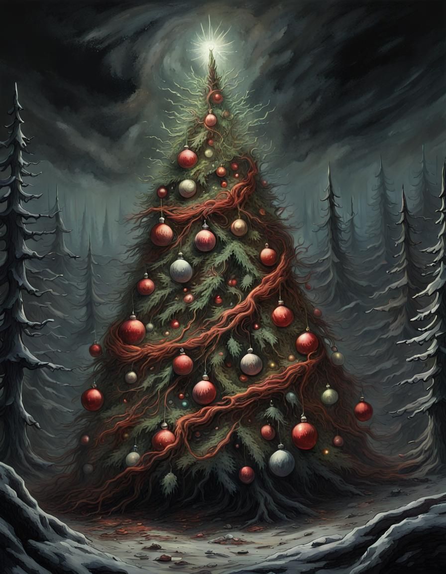 Sinister Christmas Tree Horror Scene in Gothic Style