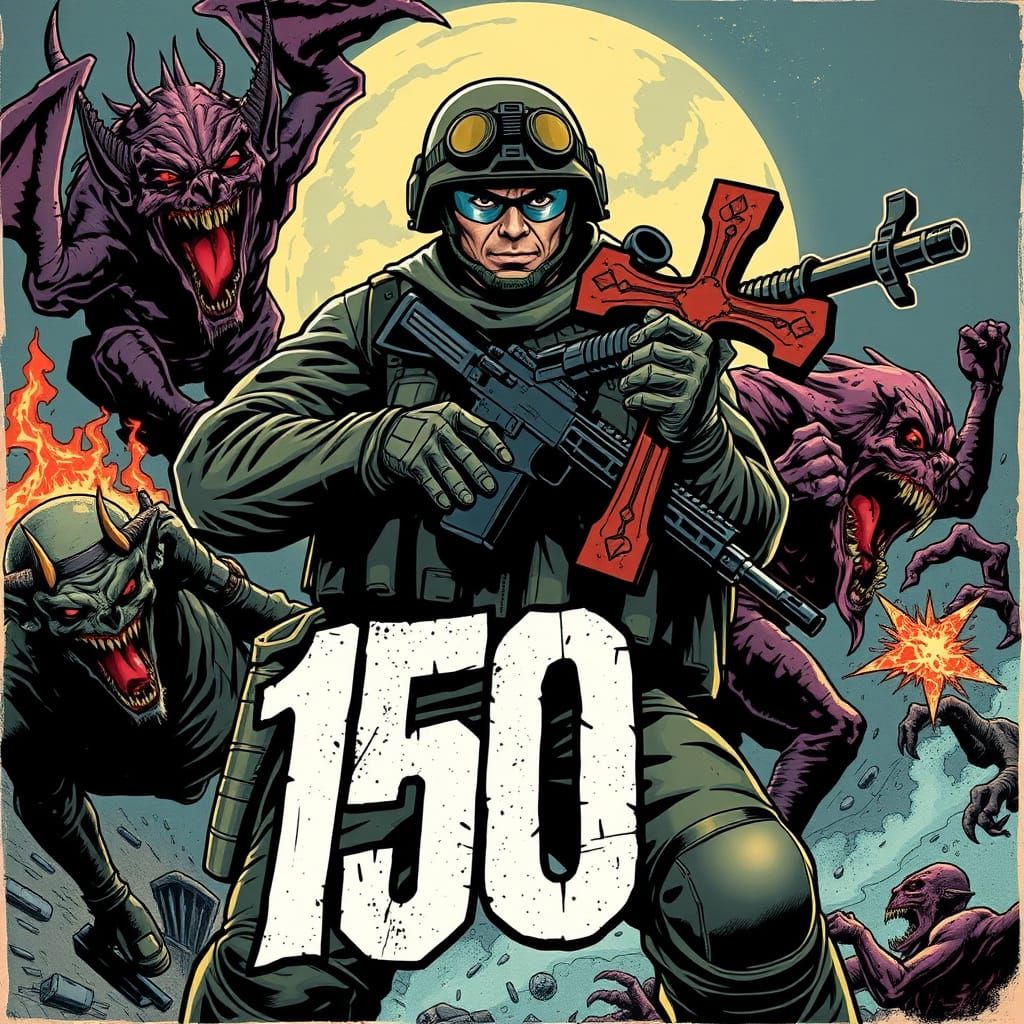 Soldier Battling Demons in Old School Animation Style