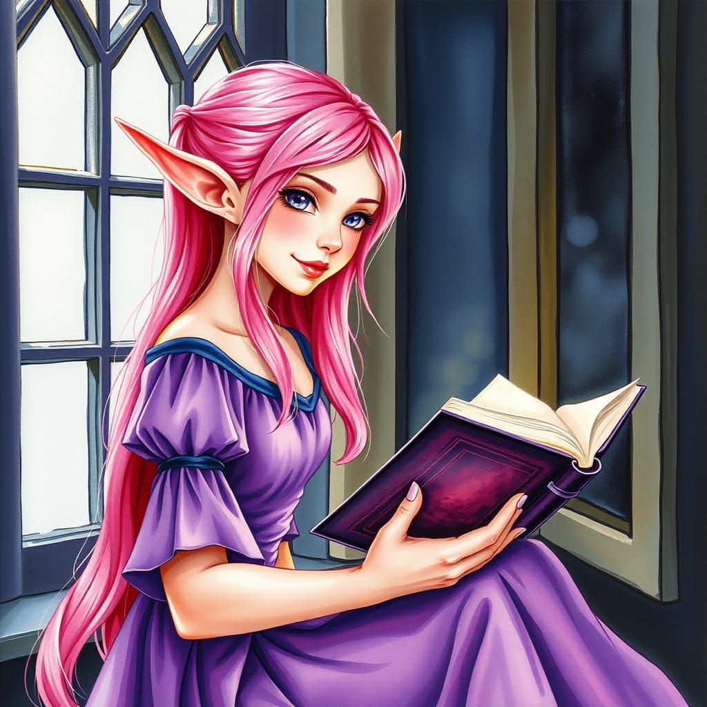 Pink Haired Elf Reads by Window in Watercolor Style