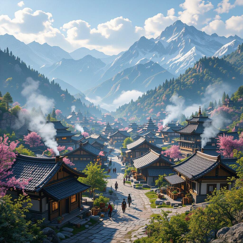 Serene Village in Spring Mountains: 3D Cinematic View
