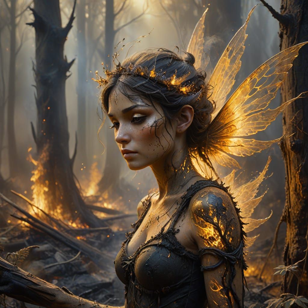 Ash Fairy in Charred Forest, Oil Painting
