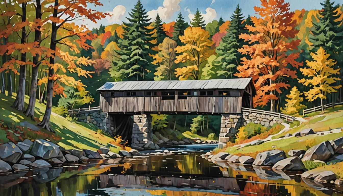 Vermont Covered Bridge in Impressionist Gouache Style