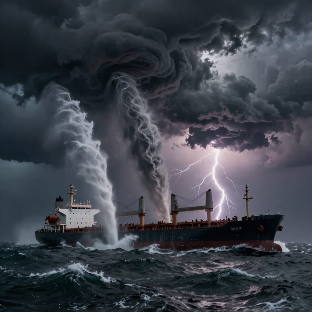 Cargo Ship Battles Stormy Seas With Waterspouts and Thunders...